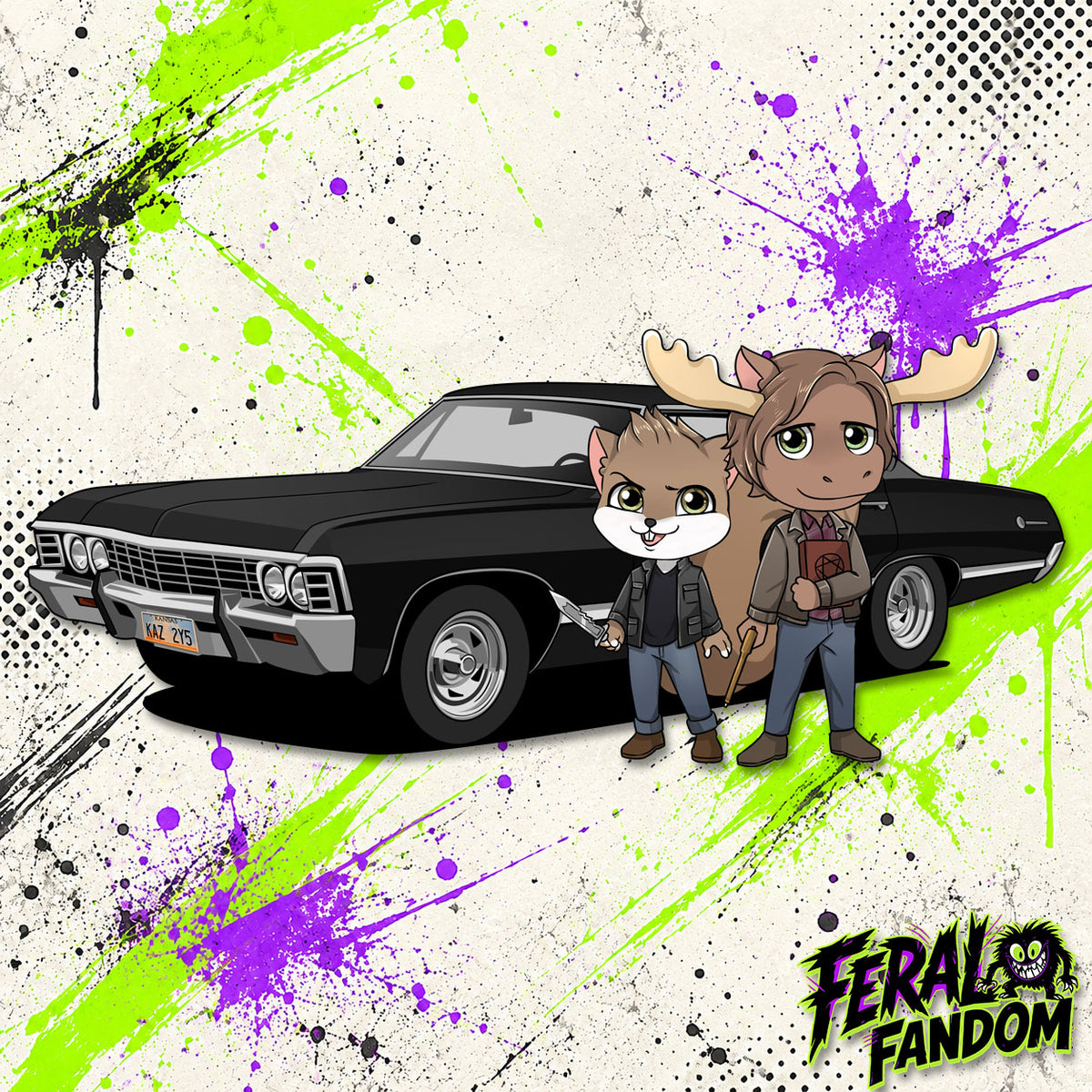 Chibi-style moose and squirrel characters with Baby the Impala KissCut sticker
