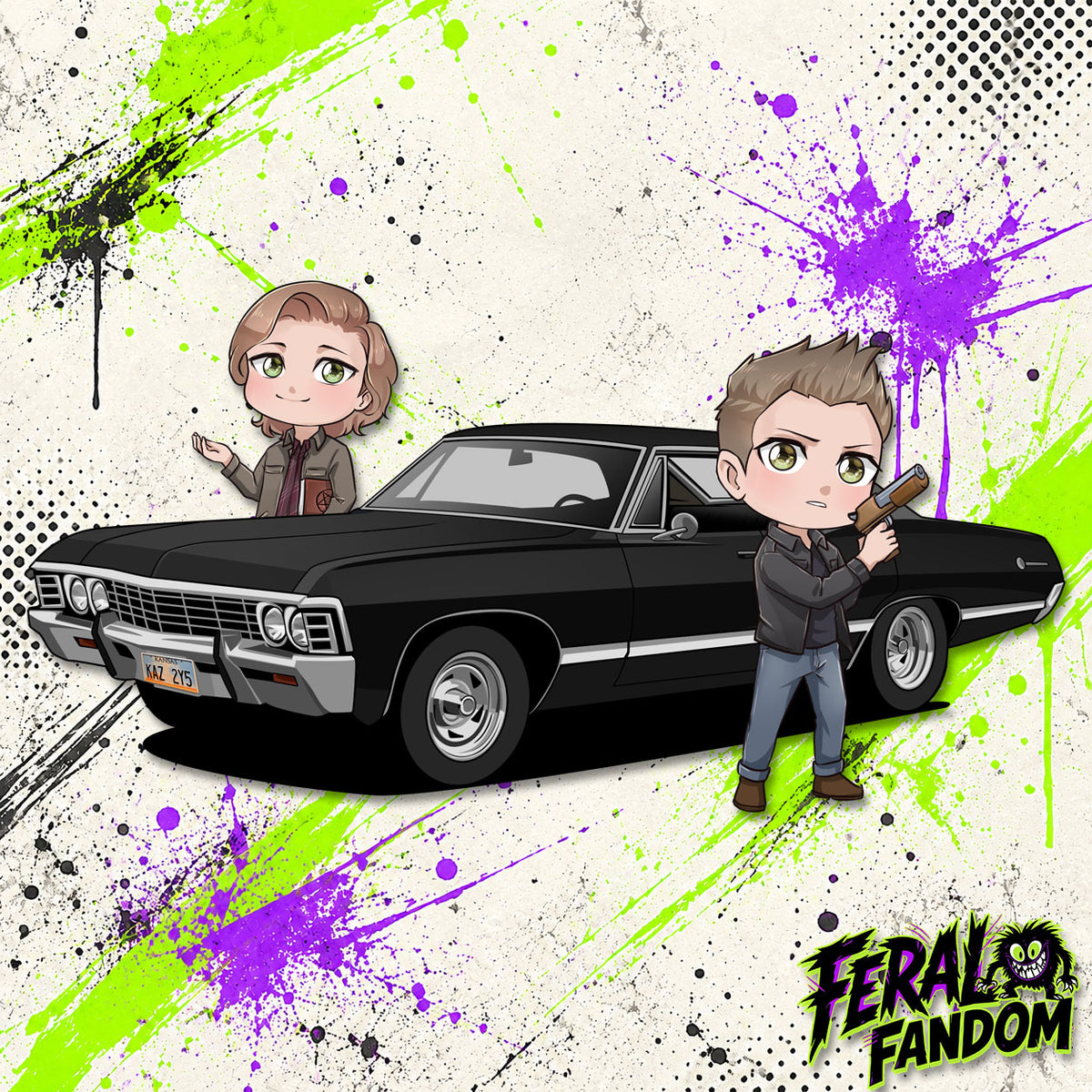 Chibi-style Sam and Dean Winchester with Baby the Impala KissCut sticker artwork