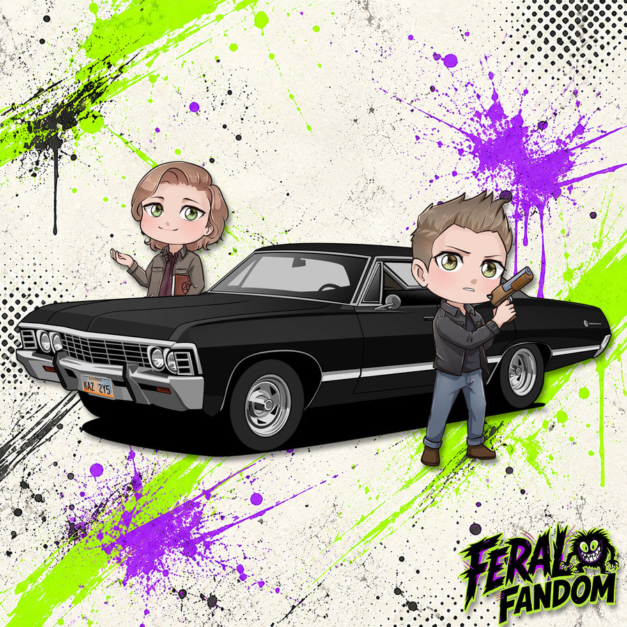 Chibi-style Sam and Dean Winchester with Baby the Impala KissCut sticker artwork