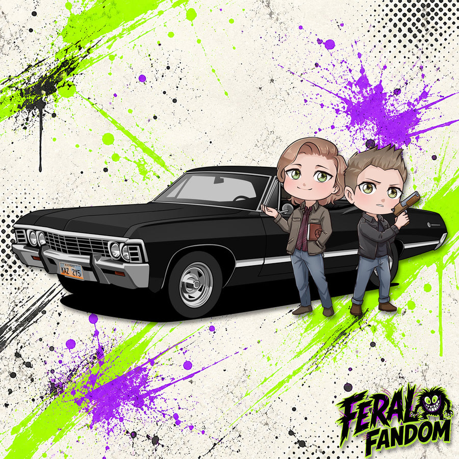 Chibi-style Sam and Dean Winchester with Baby V2 KissCut sticker artwork