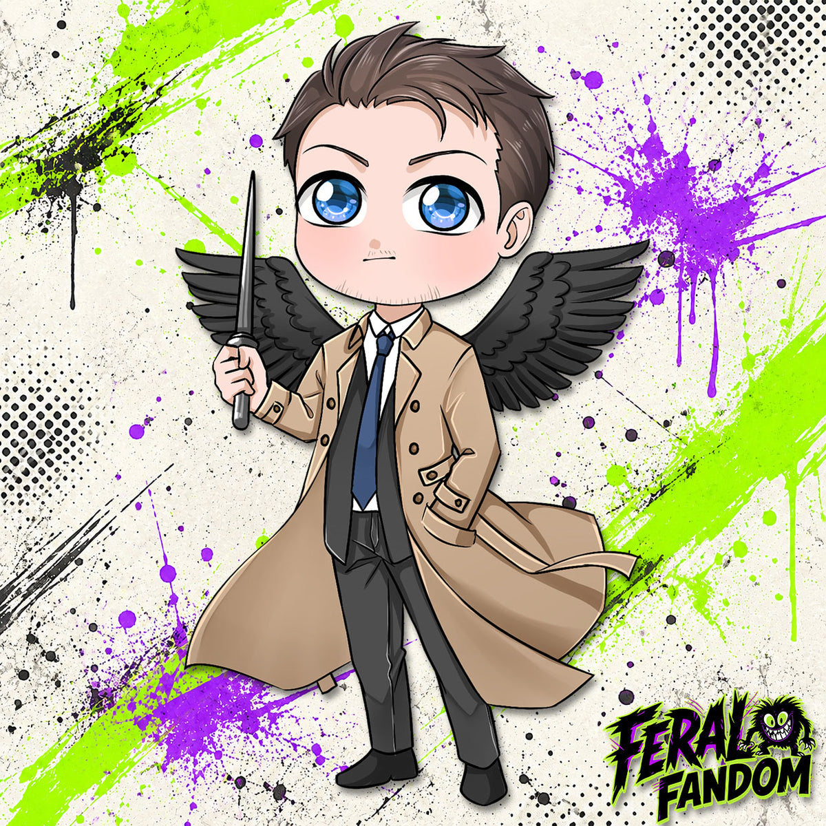 Chibi-style Castiel Angel of the Lord KissCut sticker artwork