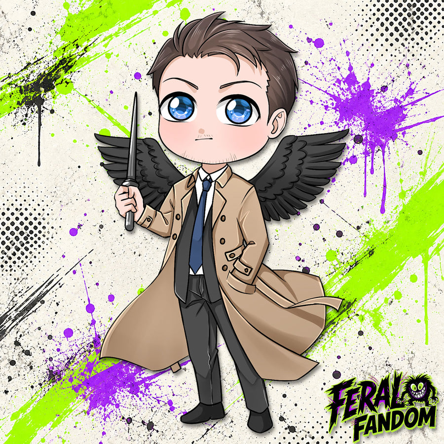 Chibi-style Castiel Angel of the Lord KissCut sticker artwork