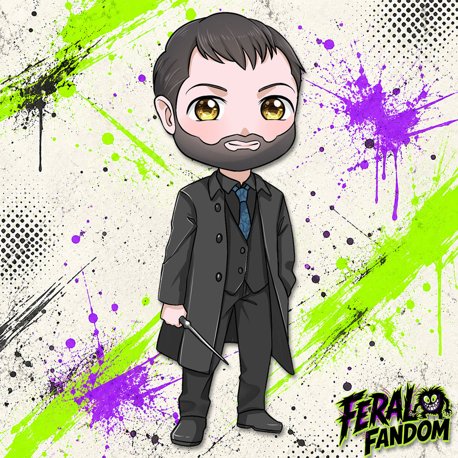 Chibi-style Crowley KissCut sticker artwork