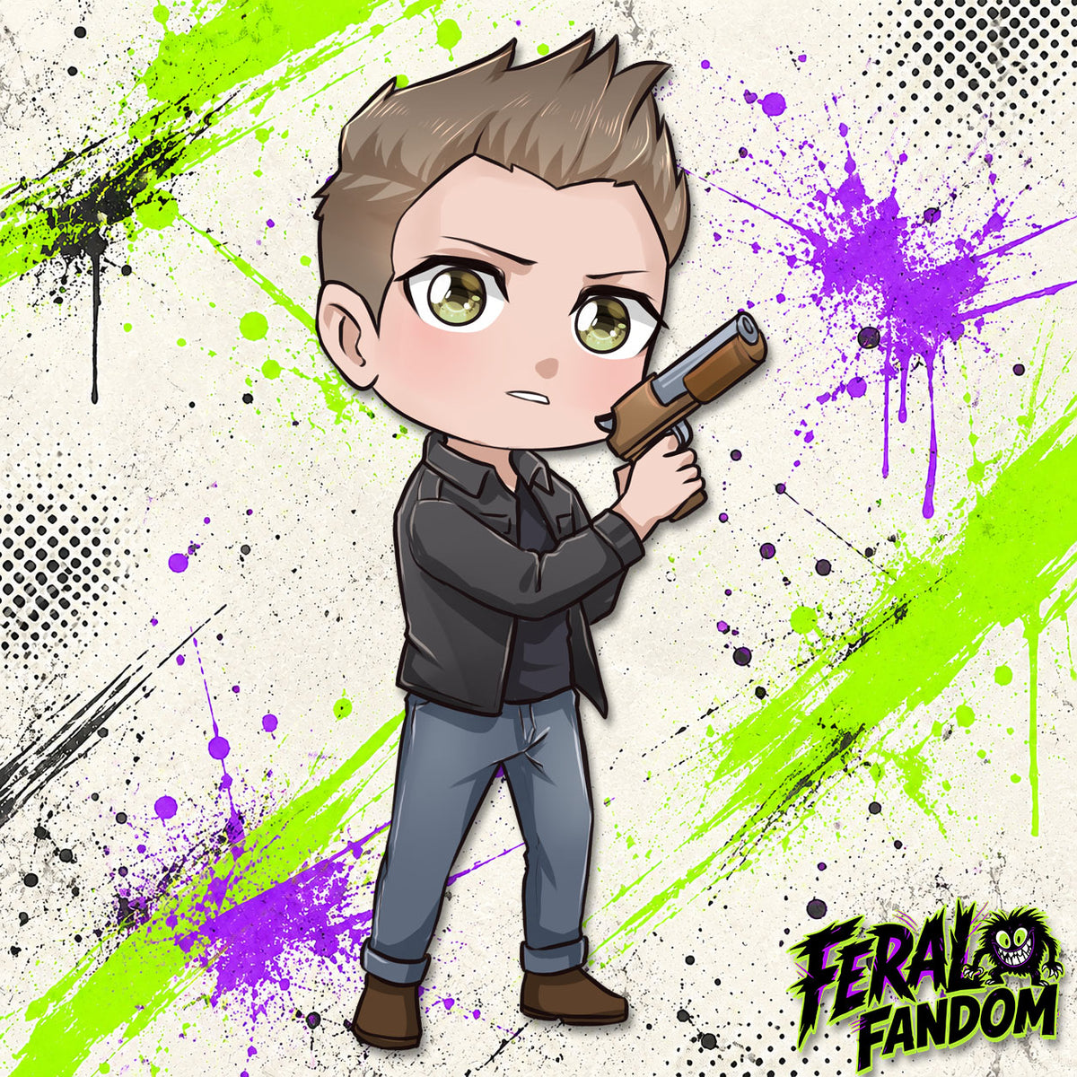 Chibi-style Dean Winchester holding a gun KissCut sticker

