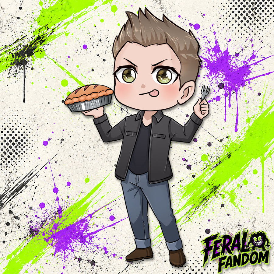 Chibi-style Dean Winchester with Pie and Fork KissCut sticker artwork