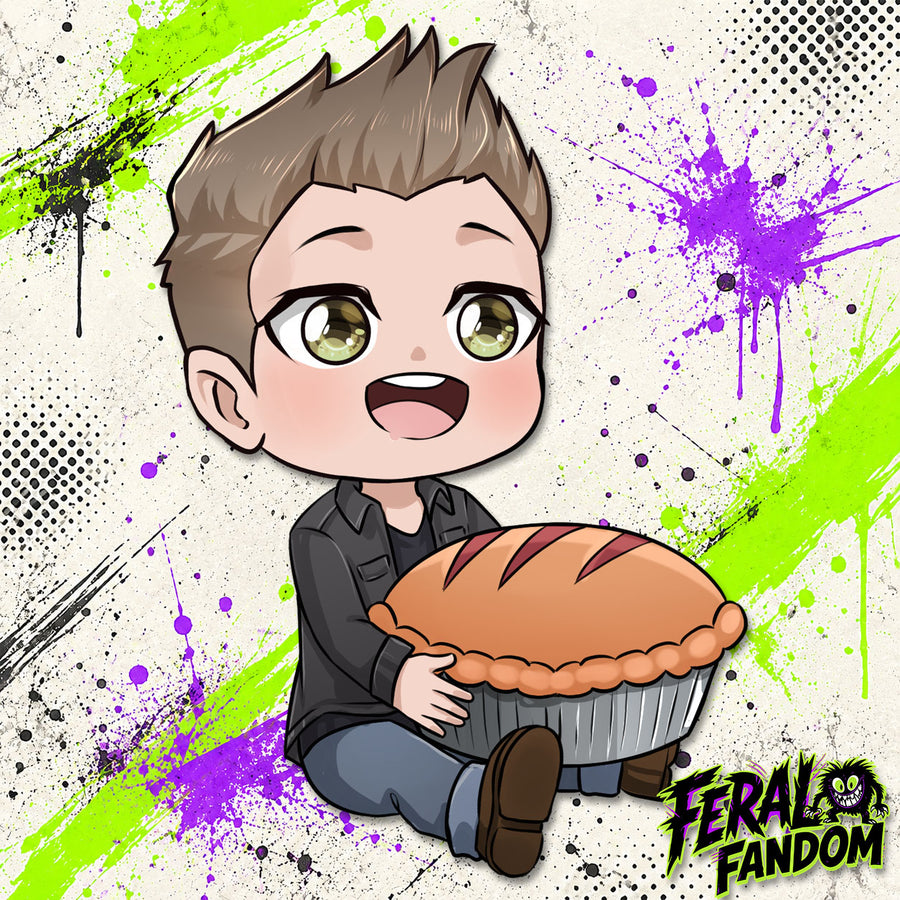 Chibi-style Dean Winchester with Big Pie KissCut sticker artwork