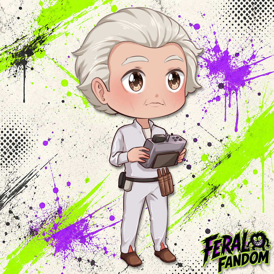 Chibi-style artwork of The Unhinged Inventor KissCut sticker
