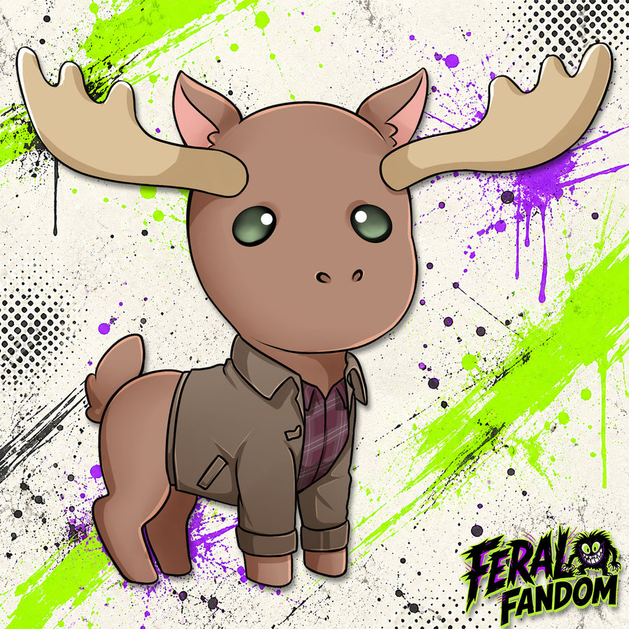 Chibi-style artwork of Cartoon Moose Sam Winchester KissCut sticker
