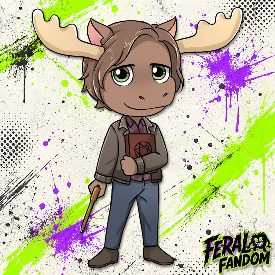 Chibi-style artwork of Moose Sam Winchester KissCut sticker
