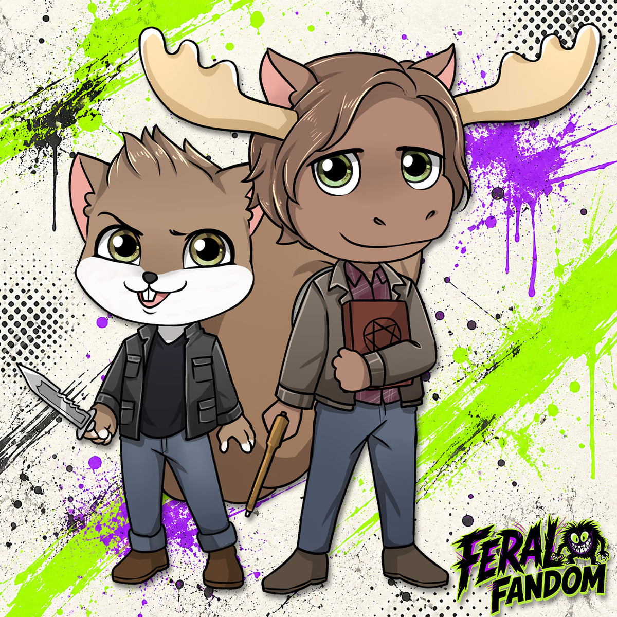 Chibi-style Sammy moose and Dean squirrel character artwork KissCut sticker
