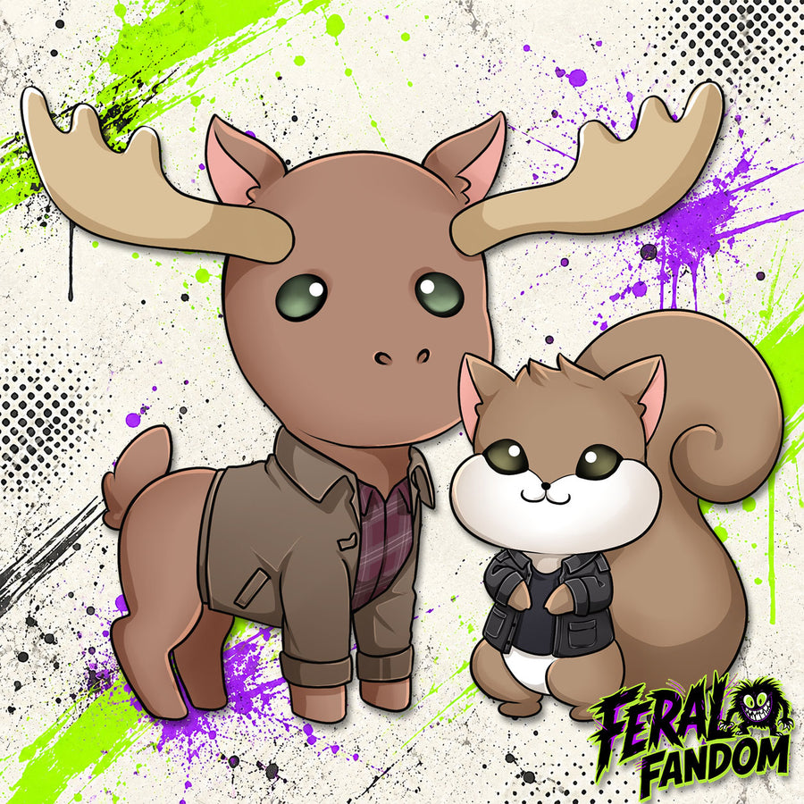 Cartoon moose and squirrel character sticker artwork KissCut sticker
