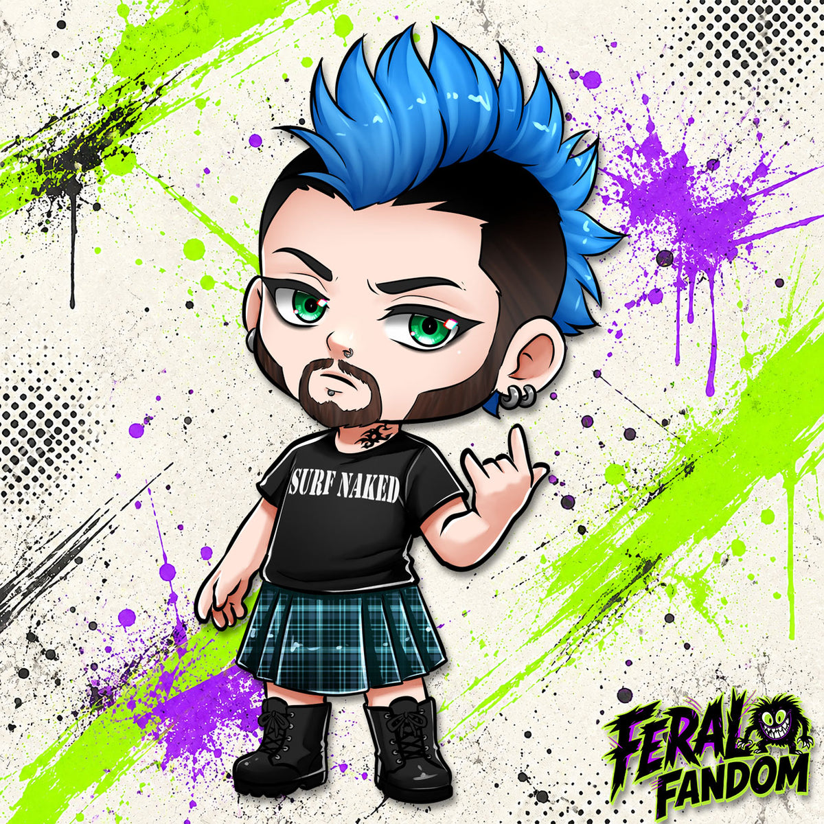Chibi-style Priestly artwork in a kilt with an electric blue mohawk KissCut sticker
