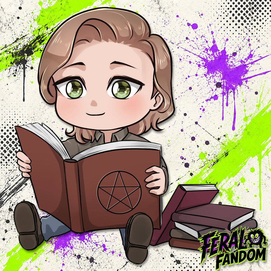 Chibi-style Sam Winchester with Books KissCut sticker artwork
