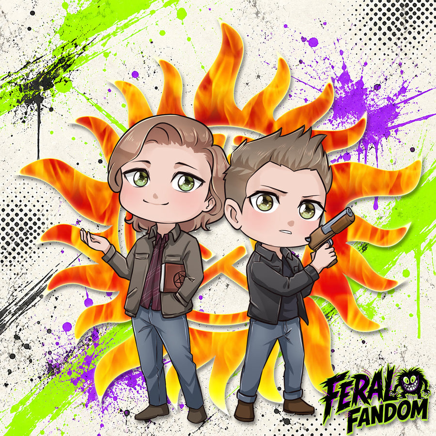 Chibi-style Sam and Dean Winchester with anti-possession symbol KissCut sticker artwork