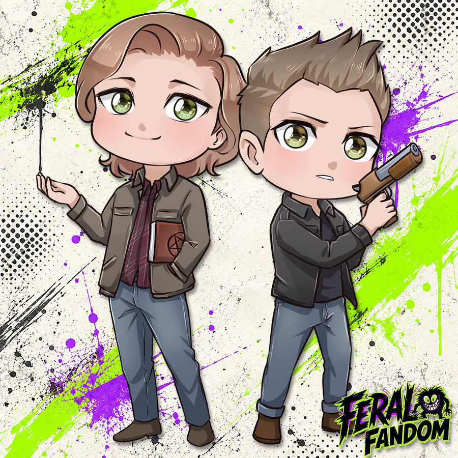 Chibi-style Sam and Dean Winchester KissCut sticker artwork