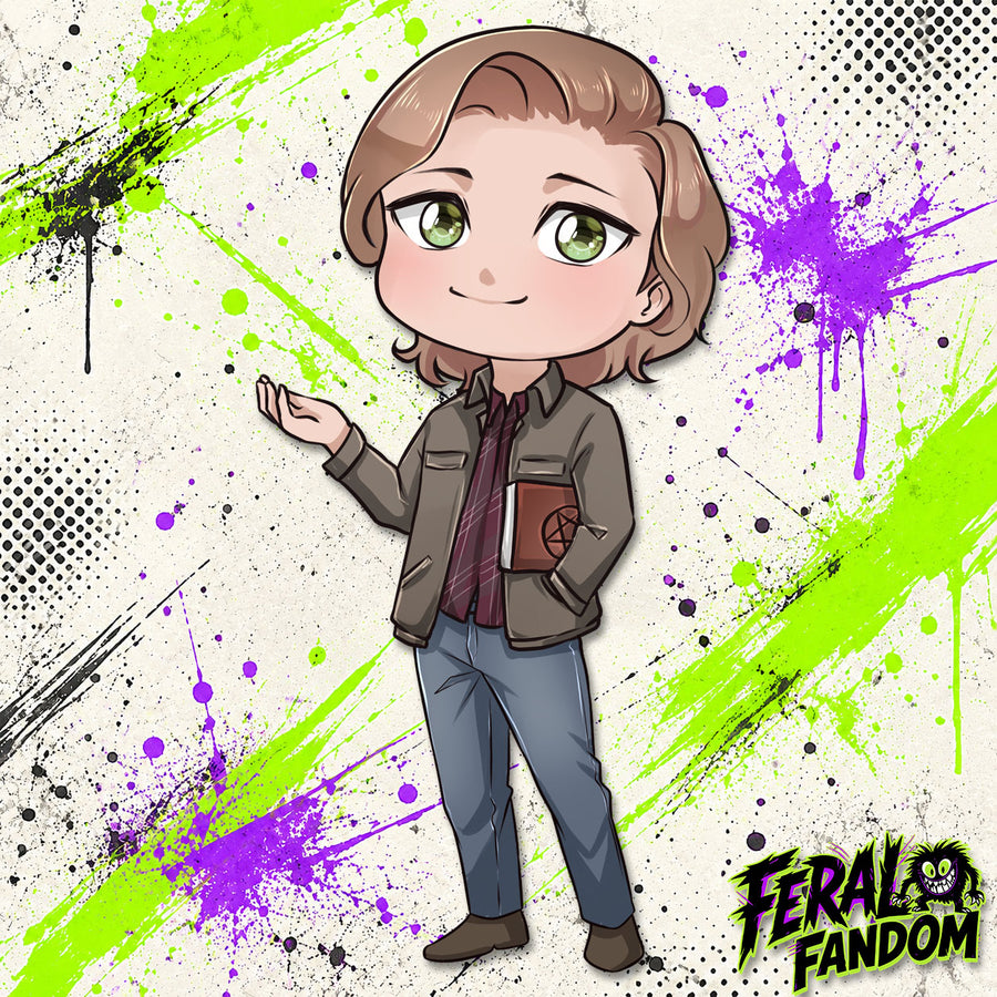 Chibi-style Sam Winchester KissCut sticker artwork