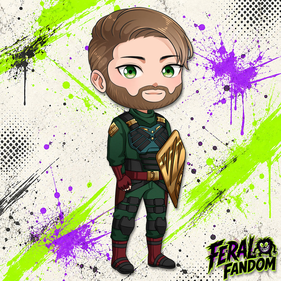 Chibi-style artwork of Soldier Boy in a superhero suit KissCut sticker
