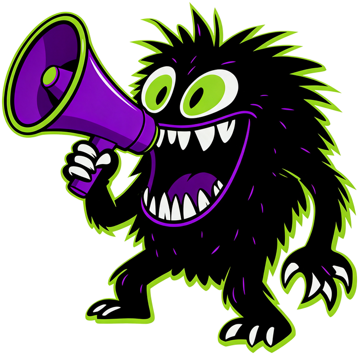 Feral Freddie shouting into a purple megaphone